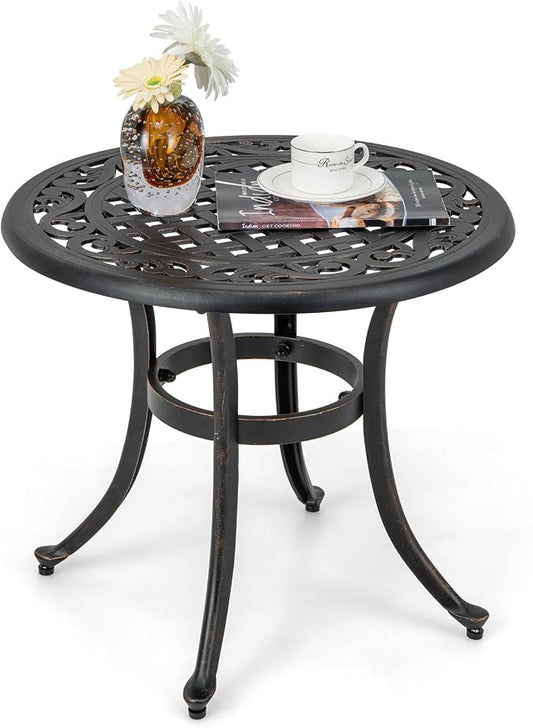 Giantex Patio Bistro Table, 24" Cast Aluminum Round Side Table, Outdoor Coffee Table for Porch, Pool, Backyard, Garden, Balcony