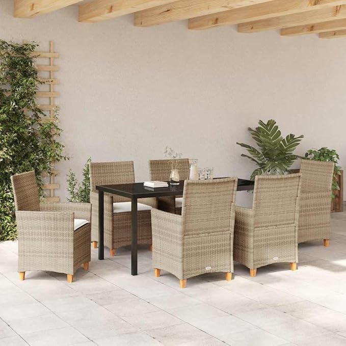 7 Piece Garden Dining Set, Weather-Resistant Poly Rattan Patio Furniture with Glass Top Table and 6 Comfortable Chairs for Outdoor Backyard Deck