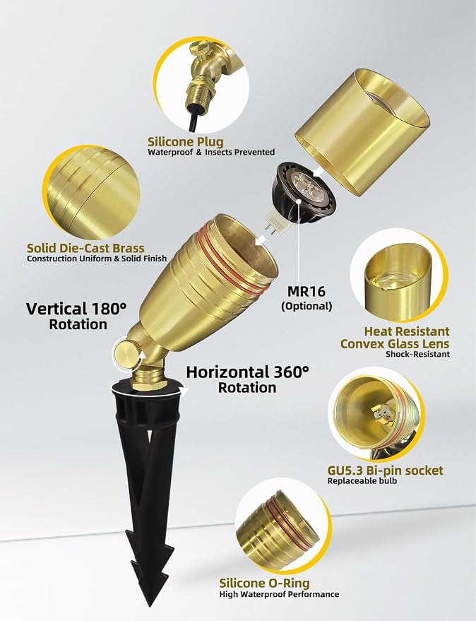 COLOER Die-cast Brass Landscape Spotlight 6-Pack with 5W Aluminum Housing LED MR16 Bulb,12V AC/DC Low Voltage Copper Outdoor Lighting, Directional Garden Patio Spot Up Light (102B Copper Finish)