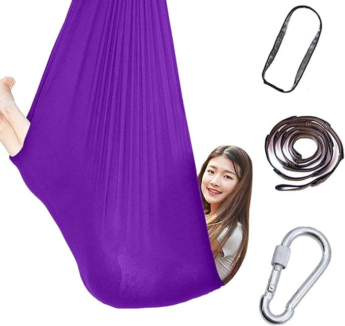360° Rotating Elastic Aerial Yoga Hammock Outdoor Indoor Swings Aerial Yoga Sensory Therapy Cuddle Swing Soft Elastic Parcel Steady Seat Swing (Color : Purple, Size : 100x280cm)