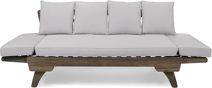 Merax Outdoor Patio Daybed Sofa,3-Seat Sofa with Foldable Arm 4 Back Pillows,Teak Acacia Wood Frame Beige Removable Cushion,Grey
