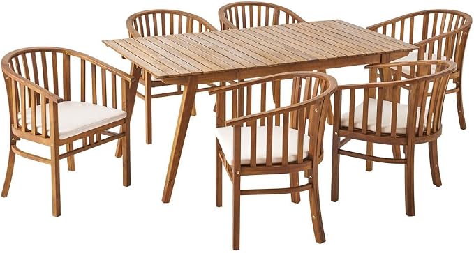 Merax Outdoor Dining Table Set for 6, Acacia Wood 68.5" Rectangle Table with Slat Tabletop + 6 Armchairs with Curved Back & Armrest & Water-Resistant Cushions, Patio Dining Set, Teak Finish