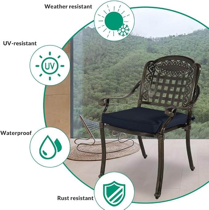 VIVIJASON 3-Piece Outdoor Patio Bistro Set, All-Weather Cast Aluminum Furniture Dining Sets Include 2 Cushioned Chairs and 35.4" Round Table w/Umbrella Hole for Balcony, Garden, Navy Blue Cushion