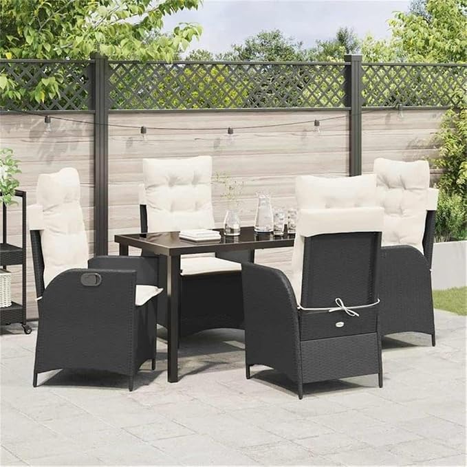 Afuera Living 5-Piece Poly Rattan Garden Dining Set, Black Finish, Glass Tabletop, Cushioned Seats, Ergonomic Design, Weather-Resistant, Modern Patio Furniture for Outdoor Dining or Gatherings