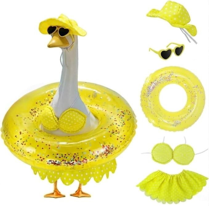 Bikini Porch Goose Outfits,Porch Goose Summer Outfits Swimsuit with Hat Sunglasses & Swim Ring,Fit 23'' Lawn Goose Statue for Summer Outdoor Garden Lawn Yard Decor(Swimsuit-Yellow)