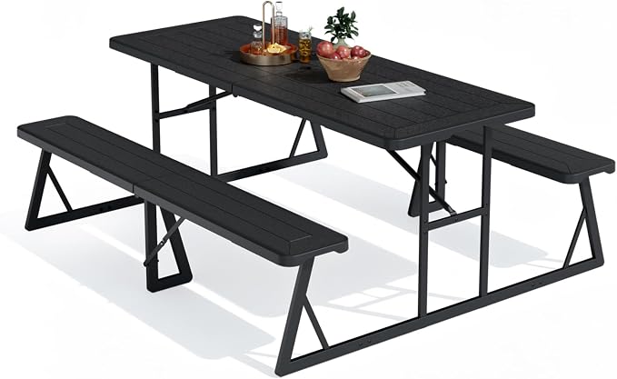 VINGLI Outdoor Picnic Table with Umbrella Hole, 6FT All Weather Metal Frame HDPE Tabletop Plastic Picnic Table for Dining Party Garden(Black)