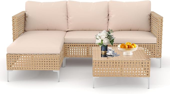 3 Pieces Small Patio Furniture Set,Wicker Chaise Longue Conversation Set, Rattan L-Shaped Sofa Couch with Coffee Table for Deck Porch Balcony and Garden
