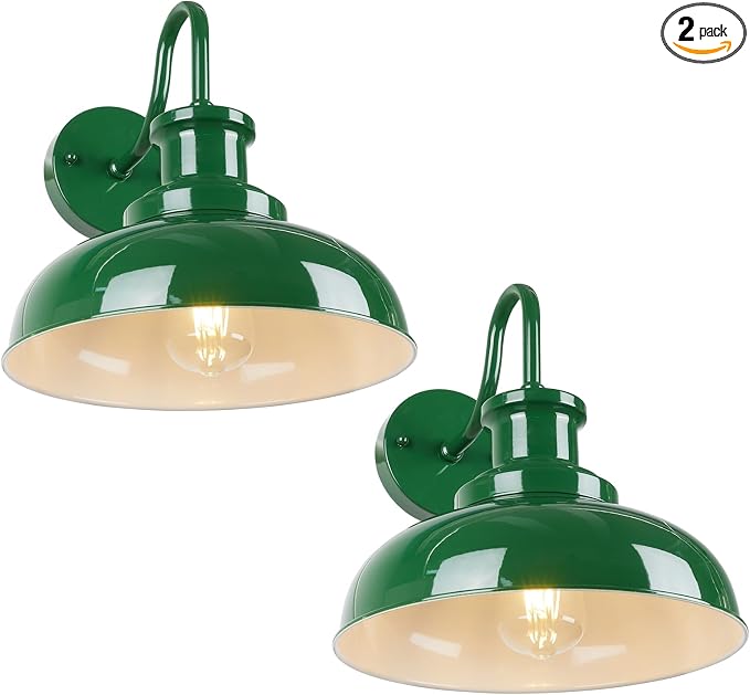 Outdoor Barn Lights - Rustic Farmhouse Exterior Mount Lights, Vintage Indoor/Outdoor Wall Lighting Fixtures, Industrial Green White Porch & Garage Lanterns - RZ007-2 GR+WH
