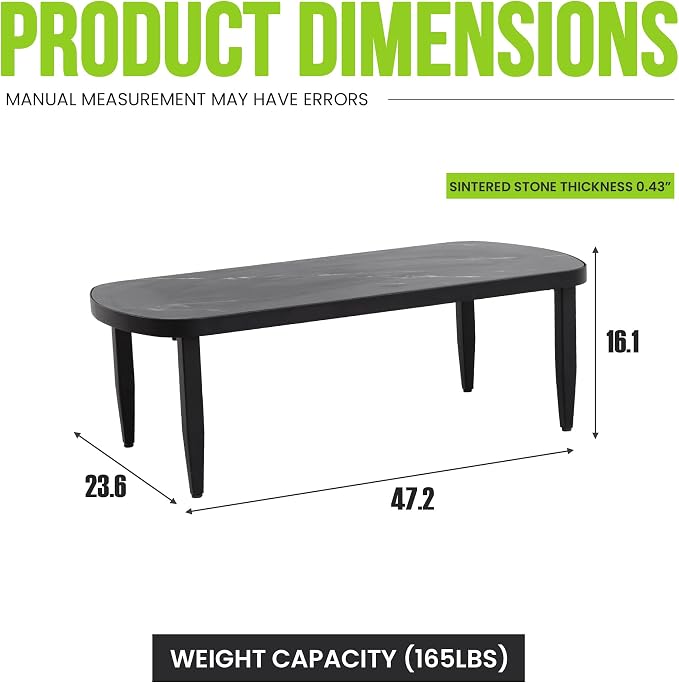 Outdoor Coffee Table, Sintered Stone Top, Aluminum Frame, Ember Black