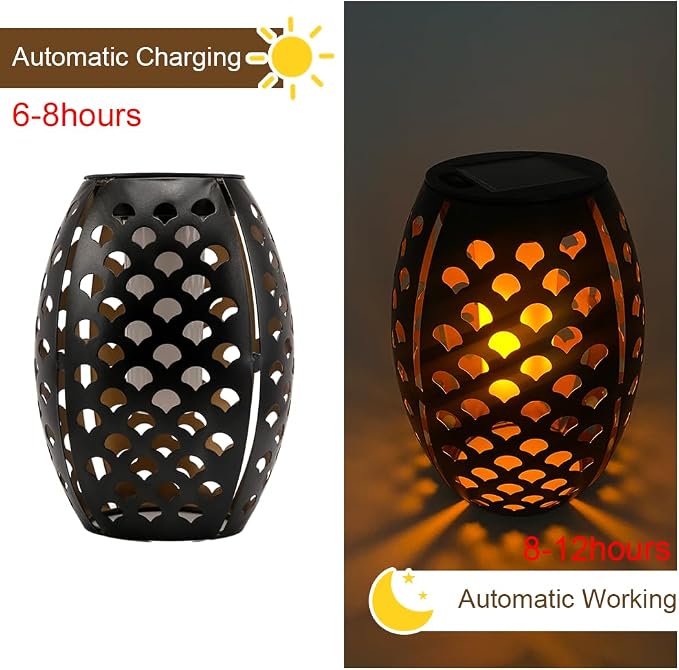 2PCS Solar Table Lanterns Flickering Flame Waterproof Black Shell | Metal Hollow Black Shell, Waterproof, 7.3" H, Ideal For Tabletop Garden Patio Decor