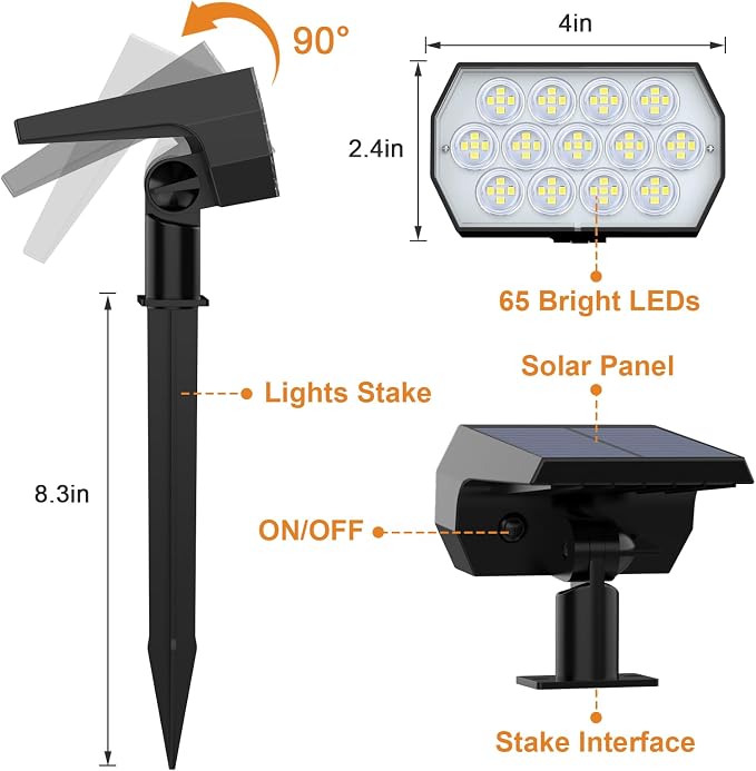 WELALO Solar Spot Lights Outdoor, IP68 Waterproof, 65 LED, Cool White | 3 Lighting Modes, 6 Pack Solar Spotlights for Outside Yard Garden Pathway Landscape Walkway Driveway Garage House Lawn Tree