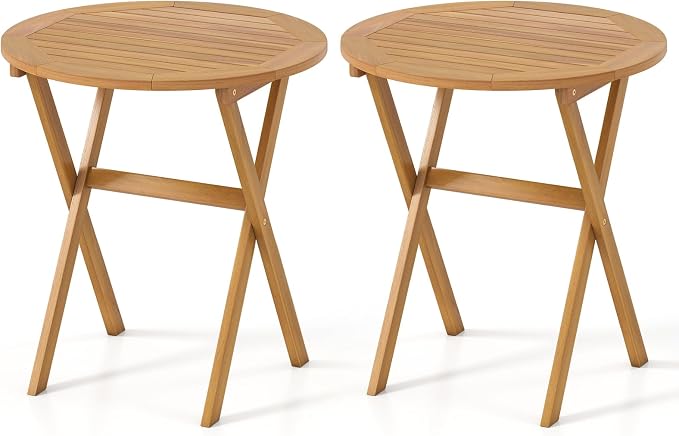 HAPPYGRILL Folding Acacia Wood Patio Table, Round Outdoor Bistro Table 26”, Outside Wooden Coffee Side Table for Porch Balcony Garden and Backyard (2)