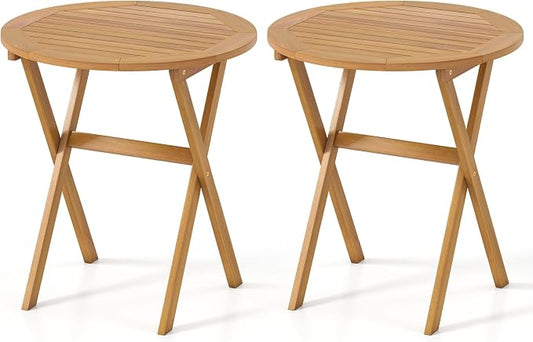 HAPPYGRILL Folding Acacia Wood Patio Table, Round Outdoor Bistro Table 26”, Outside Wooden Coffee Side Table for Porch Balcony Garden and Backyard (2)