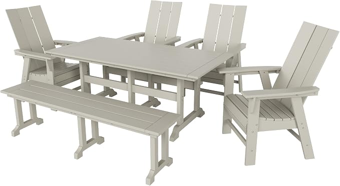 WestinTrends Ashore 6 Pieces Adirondack Patio Dining Set with Bench, All Weather Poly Lumber Slatted Outdoor Furniture Set, 71" Trestle Table and 4 Adirondack Chair and Outdoor Bench, Sand