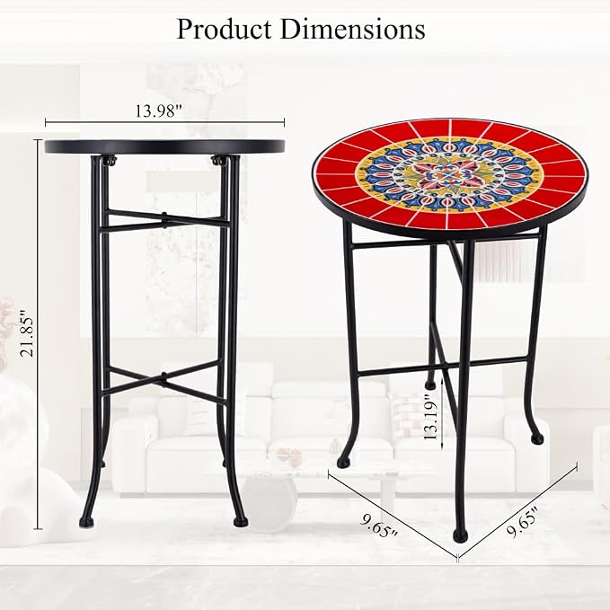 Mosaic Outdoor Side Table Small Round Patio Table Plant Stand | 21" Accent End Table with 14" Ceramic Tile Top for Small Spaces Porch Pool Garden Decor Indoor Living Room Bedroom Balcony
