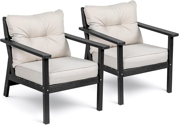 2 Seat Chair Set, HDPE Patio Conversation Set, Outdoor Patio Furniture | Water-Resistant Thick Cushion, HDPE All Weather, Wood-Grain, No Rot or Rust or Crack, UV Fade Shield, Easy-Clean for Outside