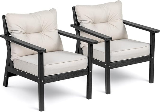 2 Seat Chair Set, HDPE Patio Conversation Set, Outdoor Patio Furniture | Water-Resistant Thick Cushion, HDPE All Weather, Wood-Grain, No Rot or Rust or Crack, UV Fade Shield, Easy-Clean for Outside