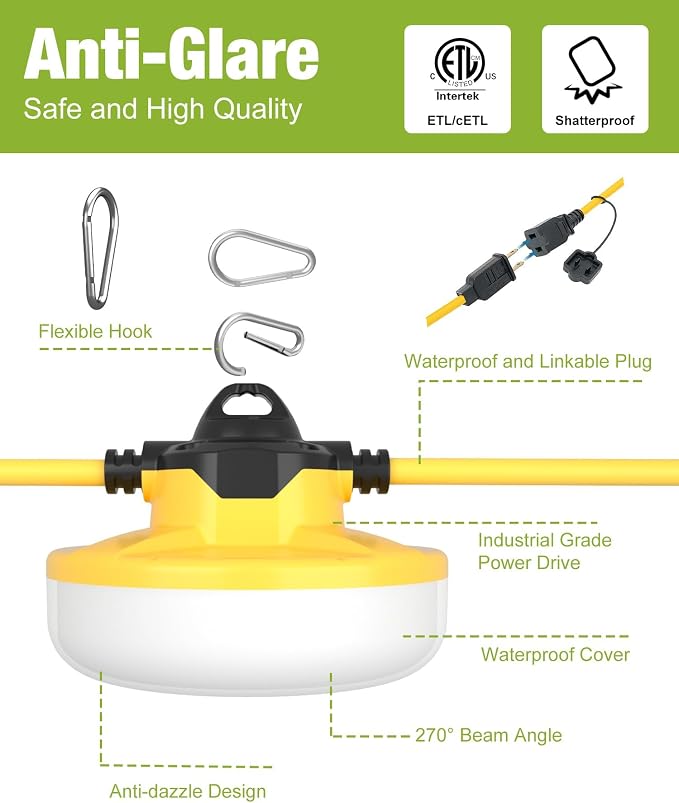 YXL 50FT 8000LM Construction String Lights, 65W Industrial String Work Lights, IP65 Waterproof Super Bright for Construction Sites Temporary Work Jobsites Outdoor Lighting