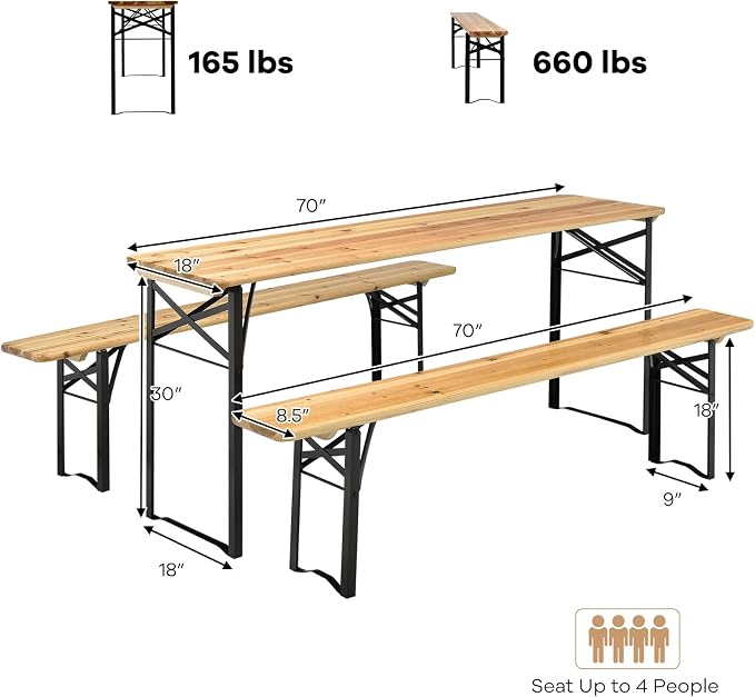 Goplus Foldable Picnic Table with Benches, 3-Piece 70” Portable Beer Garden Table with Sturdy Steel Frame, Folding Wooden Picnic Tables for Outdoors, Patio, Backyard