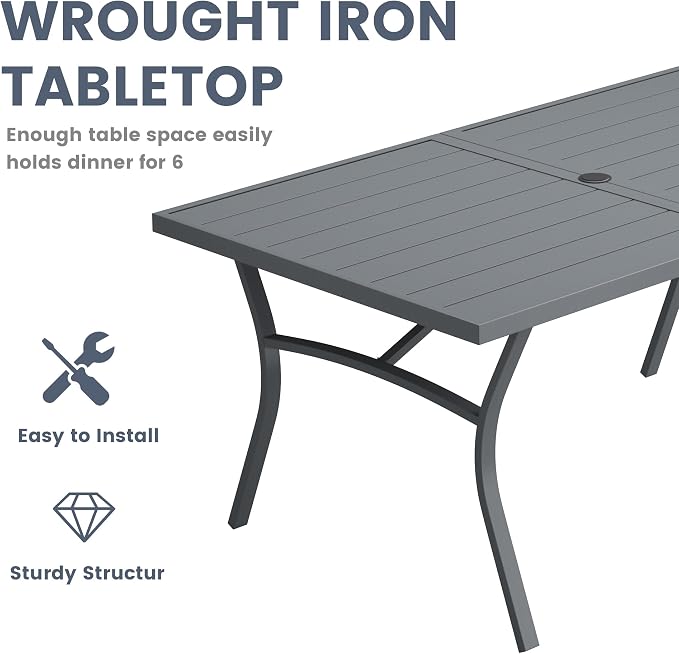 VICLLAX Patio 7 Pieces Outdoor Dining Set for 6, 63" Outdoor Rectangular Metal Dining Table with Umbrella Hole, 6 Stackable Chairs for Lawn, Garden, Porch, Grey