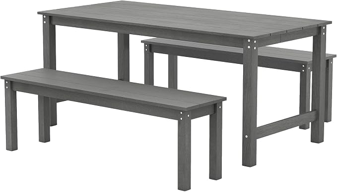 Tangkula 3 Pieces Outdoor HDPE Dining Table Set with 2 Benches, Weather Resistant Patio Furniture Set with 1.77” Umbrella Hole and Wood-Like Surface for Garden, Backyard and Poolside (Gray, 3 Pcs)