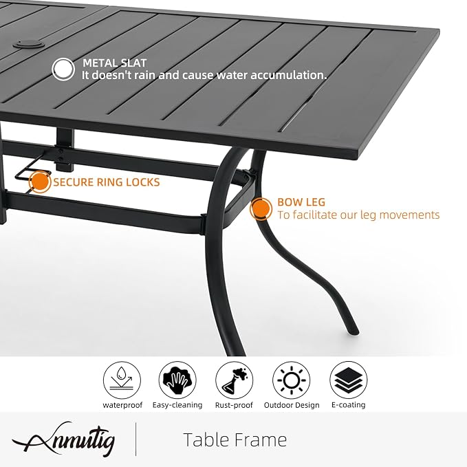 Black Stackable Patio Chairs and 63x38" Rectangle Table Outoor Dining Set 7 | 6 Psc Stackable Chairs, Textilene Seat&Back, Metal Table, Slat Table Top, 6 Person Use, 1.57"-1.9" Umbrella Hole, All Weather