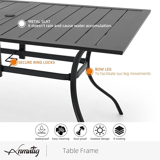 Navy Blue Stackable Patio Chairs and Rectangle Table Outoor Dining Set of 7 | 6 Psc Stackable Chairs, Textilene Seat&Back, Metal Table, Slat Table Top, 6 Person Use, 1.57"-1.9" Umbrella Hole, All Weather
