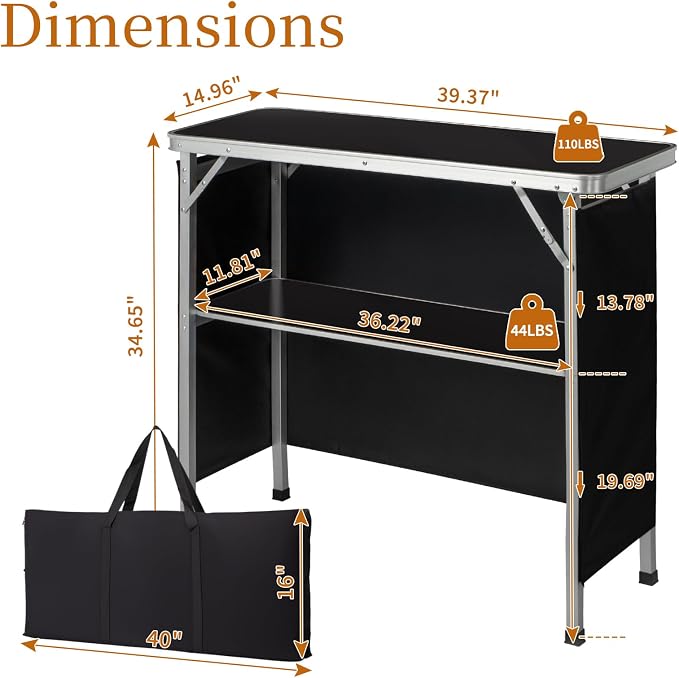 Portable Outdoor Bar Table - Folding Camping Table 2-Tier Shelves with Carrying Case, Storage Shelf & Black Skirt, Tradeshow Podium Table for Events, Camping, Party, Picnic, Exhibition - Black