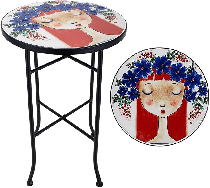 14 Inch Mosaic Patio Side Table with X-Straight Legs, Indoor Outdoor Accent Round End Table with Ceramic Tile Tops for Yard, Garden, Living Room, Bistro, A - Red Hair Girl