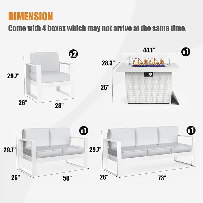5 Piece Modern Aluminum Patio Furniture Set with Fire Pit Table, Outdoor Patio Sectional Conversation Metal Seating Sets with Olefin Cushion