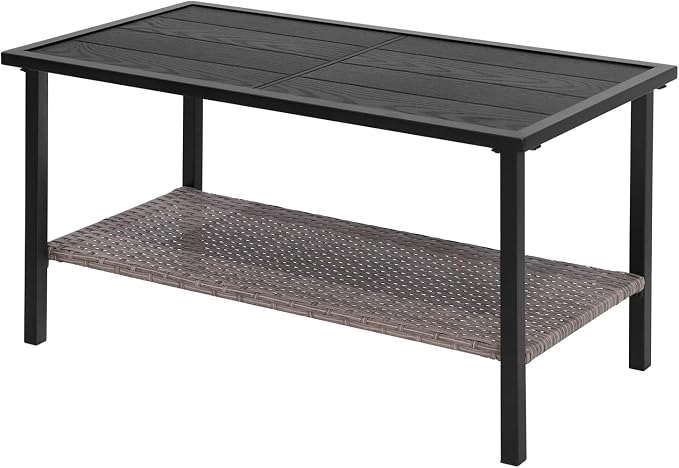 Sunset Escape Wicker Coffee Table, Rattan Rectangle Tea Table with Wood Grain Tabletop and 2-Tier Storage for Patio, Balcony and Garden, Black/Brown
