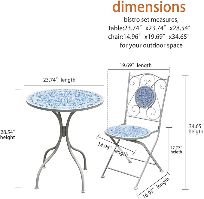 Round Outdoor Side Table Patio Bistro Ceramic Mosaic Patterned Design Tile Top Round Table Outdoor Garden 24 Inch Metal Furniture Dining Table for Yard Balcony Porch Poolside Terrace Blue Flower