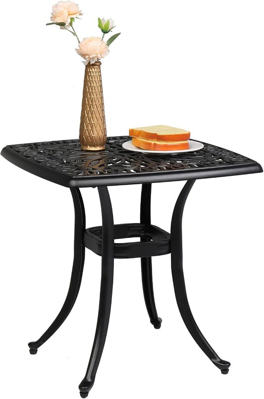 VINGLI 21" Cast Aluminum Outdoor Side Table with Umbrella Hole, All Weather Patio Side Table Bistro Table for Balcony, Yard and Porch (Black)