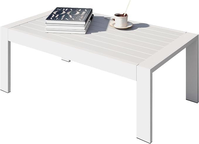 FansaFurn All-Weather Aluminum Outdoor Coffee Table, Modern Rectangle Patio Coffee Table for Balcony Garden, Light Grey