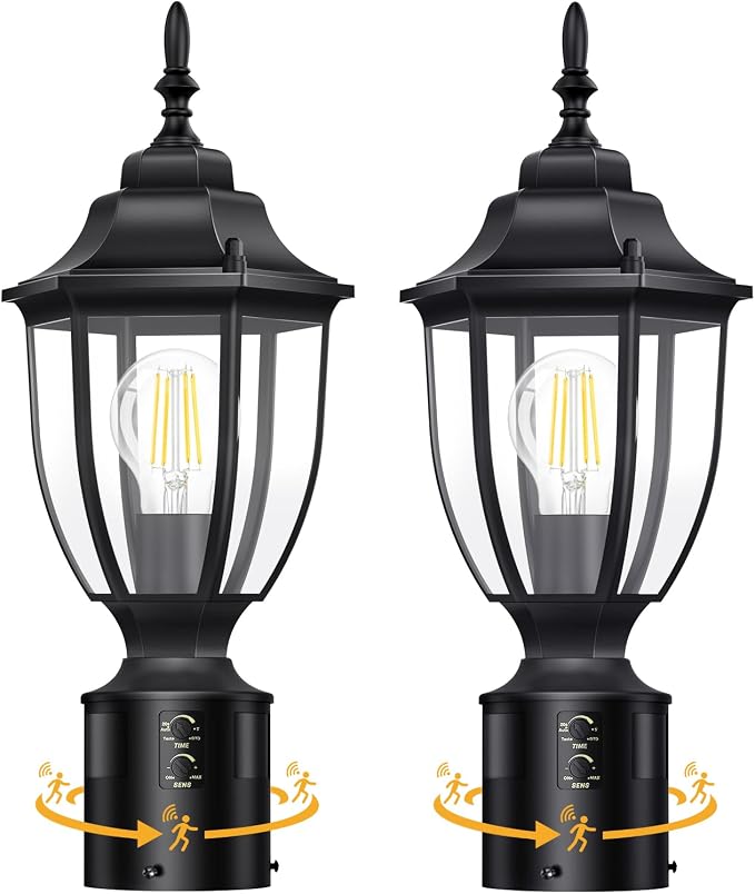 Lamomo 2 Pack Motion Sensor Outdoor Post Lights, Dusk to Dawn Lamp Post Light Fixture, Waterproof Aluminum Lamp Posts Outdoor Lighting Pole Lantern for Yard Patio Pathway Garden