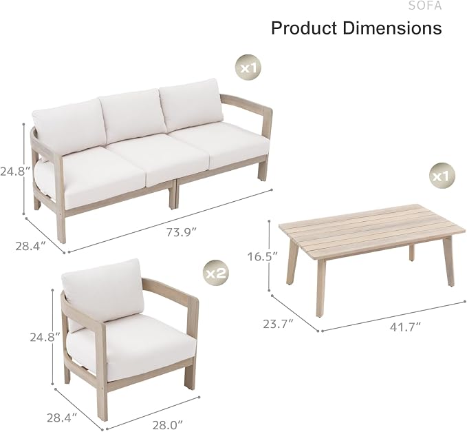 SUNSITT 4-Piece Outdoor Patio Furniture Set, Acacia Wood Conversation Set w/ 6.7" Thick Cushions, Curved Backrest Design, Modern Outdoor Set w/ 3-Seater Couch, Natural Color and Beige Cushions