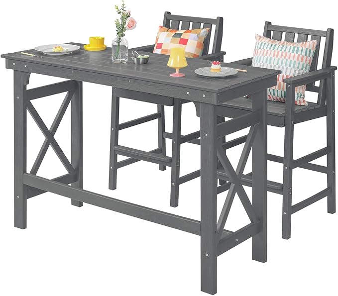 3 Pieces HDPE Outdoor Patio Bar Set, Rectangular Bar Height Table and Chairs Set, Patio Bar Stools Set, HDPE Outdoor Bar Table and Chairs Set for Balcony, Poolside, Porch, Smoke Gray