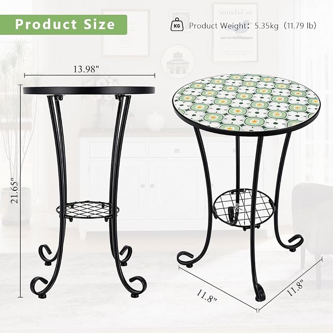 14 Inch Mosaic Patio Side Table with Scroll Legs, Indoor Outdoor Accent Round End Table with Ceramic Tile Tops for Yard, Garden, Living Room, Bistro, B - Granny Square