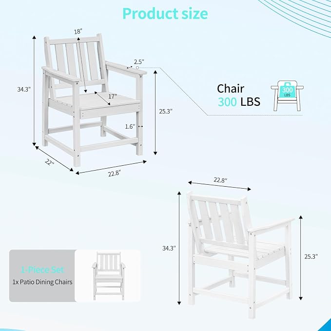 Outdoor Chairs All-Weather Patio Dining Chair with Backrest and Armrest, 300 LBS Support HDPE Outdoor Patio Furniture Chairs for Garden, Deck, Porch, White