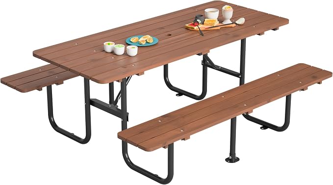 72'' Rectangular Outdoor Dining Table Wooden Patio Dining Table & 2 Built-in Bench for 8, 2" Umbrella Hole & Metal Base, Suitable for Picnic Backyard Garden Porch, Brown