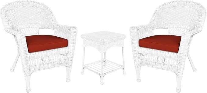 Jeco Carell Furniture 3 pc Wicker Conversation Set in White with Red Orange Cushions