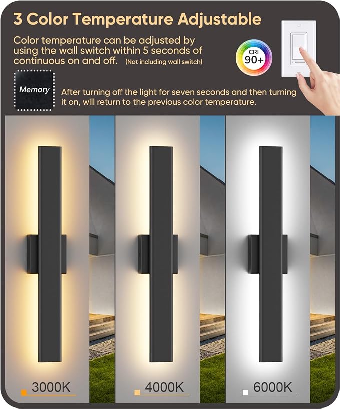 Aipsun Black Outdoor Wall Sconce 3000K 4000K 6000K, 23.6in Modern Exterior Light 1 Pack, Long LED Linear Wall Light Outside Lighting for Entrance, Hallway, Garage, Porch(3CCT)