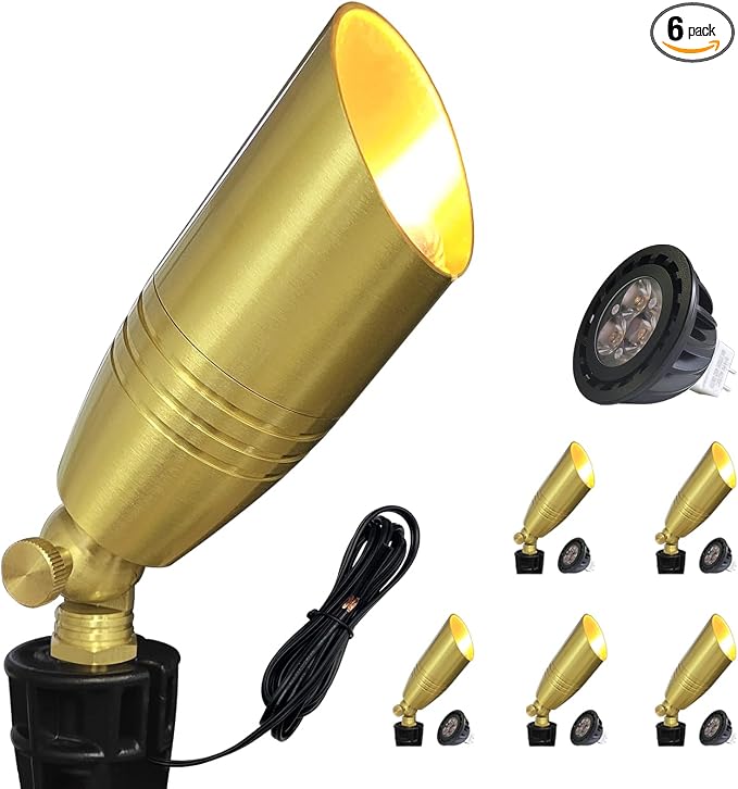 COLOER Die-cast Brass Landscape Spotlight 6-Pack with 5W Aluminum Housing LED MR16 Bulb,12V AC/DC Low Voltage Copper Outdoor Lighting, Directional Garden Patio Spot Up Light (102B Copper Finish)