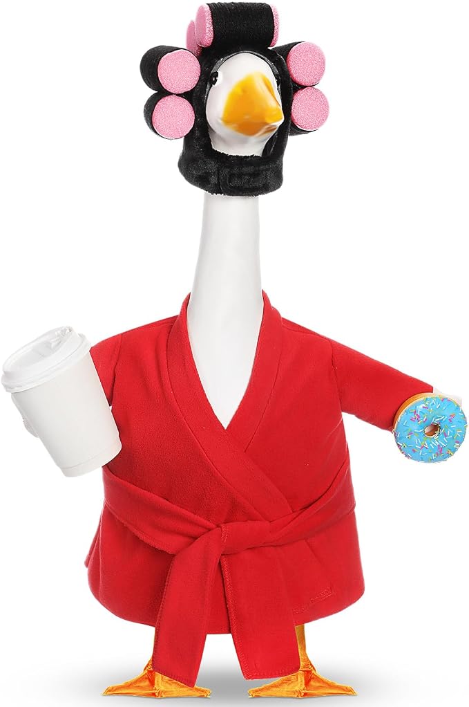 Shyyween Summer Porch Goose Outfits 23 Inch Lady Geese Statue Clothes Funny Porch Goose Red Robe and Curlers Coffee Cup Accessories