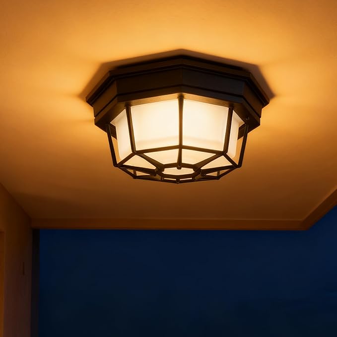 8.5” Black Flush Mount LED Ceiling Light 2700K 3000K 3500K 4000K 5000K Octagonal Outdoor Porch Lights Black 8.5inch Outside Ceiling Light for Patio,Aluminum Alloy and Glass,14W, 120V, 750lm-1000Lm