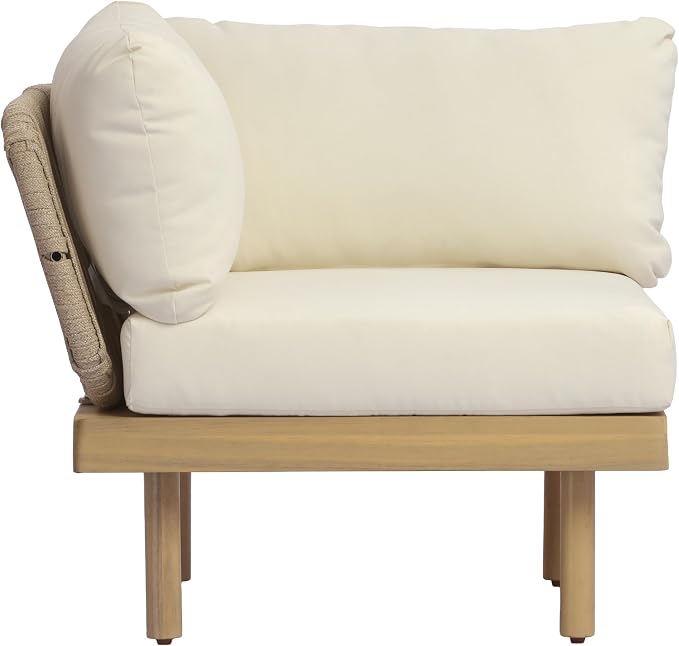Christopher Knight Home John 4 Piece Patio Furniture Set with Slatted Coffee Table, Outdoor Sofa Set with Rope Back & Cushions, Modern Acacia Wood Sectional Conversation Set, Beige+Cream+Light Teak
