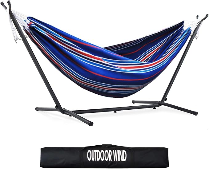 550lbs Capacity Double Hammock Adjustable Hammock Bed with 10ft Heavy Duty Steel Stand Includes Portable Carrying Case, Easy Set up Blue Pinstrip B