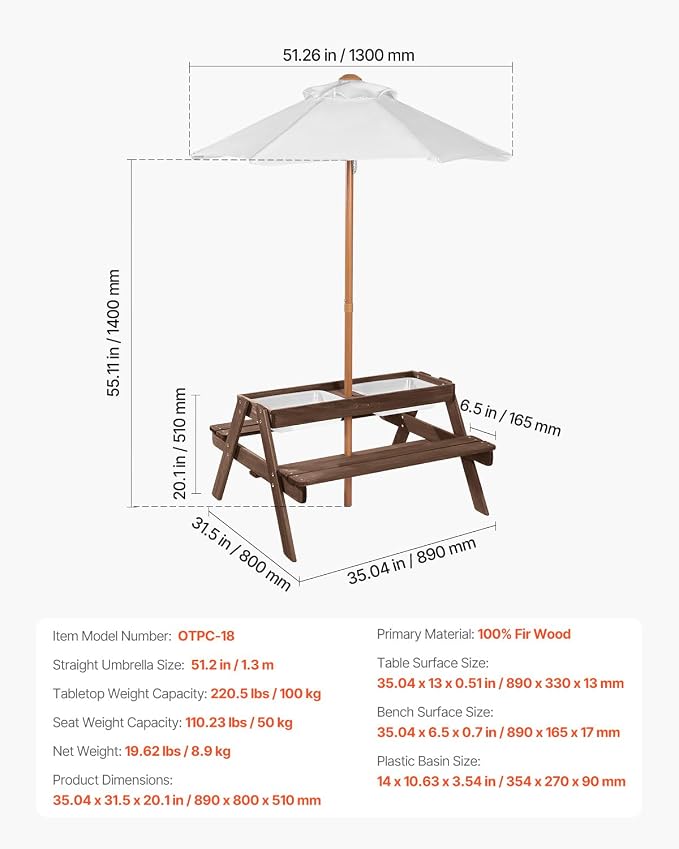 VEVOR Kids Picnic Table with Umbrella, 3-in-1 Sand & Water Table, Outdoor Wooden Table and Bench Set with 2 Trays, 4-People Patio Dining Furniture for Garden, Backyard and Porch (Walnut)