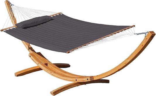 Lazy Daze Hammocks 12 FT Double Quilted Fabric Hammock and 13 FT Natural Wood Arc Stand, with Spreader Bar, Removable Pillow, 2 Person Hammock for Poolside Outdoor Patio, 450 lbs Capacity, Dark Gray