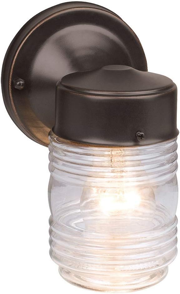 Design House 505198 Jelly Jar Classic 1-Light Indoor/Outdoor Wall Light with Clear Ribbed Glass for Entryway Porch Patio, Oil Rubbed Bronze | Wall Mount, Traditional, Steel, Lighting, 505198